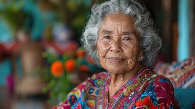 smiling portrait of a happy senior latin or mexican woman in a nursing home,art photo