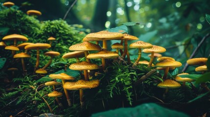 A cluster of wild mushrooms thriving in a lush forest setting, a haven for biodiversity