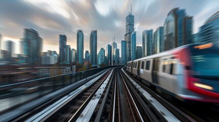 A commuter train speeding through an urban landscape, with skyscrapers towering in the background against a cloudy sky.