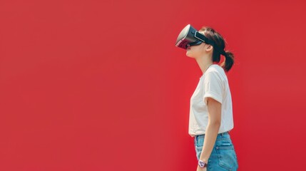 Portrait of woman using VR metaverse headset on red background, Woman wearing virtual reality headset