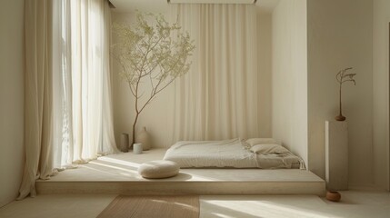A cozy bedroom in a minimalist home, with a platform bed, neutral color palette, and minimalist decor creating a serene atmosphere.