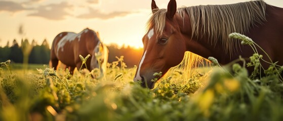 Horses grazing, focusing on the production of bi-products like glue and supplements - obrazy, fototapety, plakaty