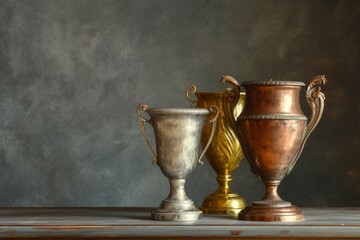 Image of metallic trophies on gray backdrop
