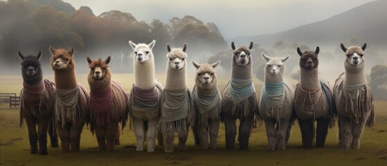 Naklejka premium Alpaca herd in a misty morning field, display of woven alpaca fabrics and garments
