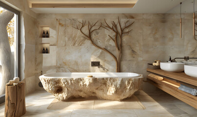 House with stone bathtub, two sinks, hardwood floor