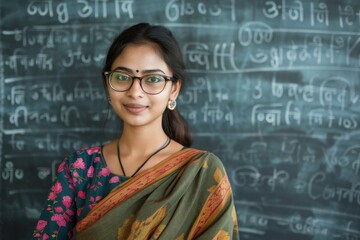 Indian lady teacher in front of blackboard - obrazy, fototapety, plakaty