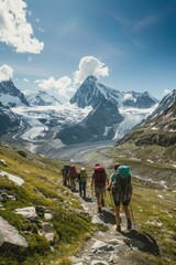Fototapeta premium Group of mountain guides leading a group of hikers up a rugged trail to the summit of a majestic peak, with panoramic views of snow-capped mountains, Generative AI