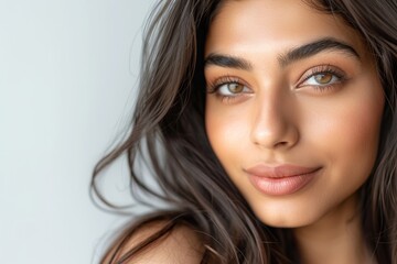 Naklejka premium Indian model with perfect eye makeup showcasing beauty spa and skin care treatments including face lift and dermal filler cosmetics
