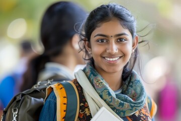 Indian origin student smiling carrying shoulder bag and book - Powered by Adobe