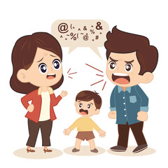 A colorful illustration depicting a cartoon family in the midst of an argument - PNG file