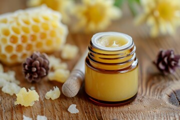 Ingredients for making a natural lip balm beeswax propolis essential oils