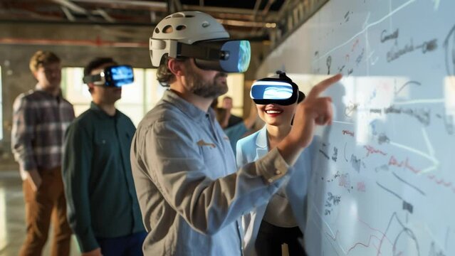A man wearing a VR headset interacts with a virtual reality exhibit at a museum, surrounded by colorful holographic projections, providing an immersive and educational gaming experience.
