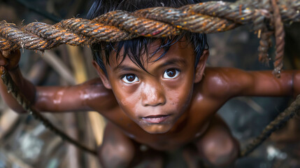 Small children gazes solemnly at the camera, eyes reflecting innocence and vulnerability. The concept of Empathy and Compassion for children facing adversity. Generative AI.