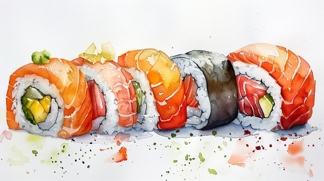 watercolor Japanese Sushi on a white background