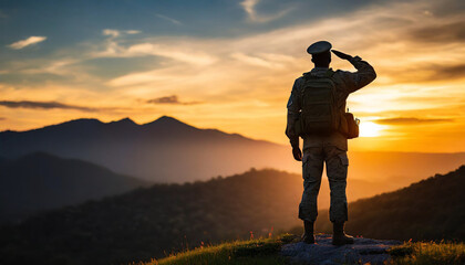 Powerful silhouette of soldier saluting at sunset, epitomizing honor and duty