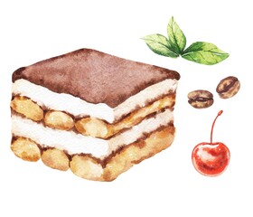 Tiramisu slice cake watercolor food illustration 