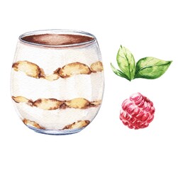 Tiramisu cake in a glass watercolor food illustration 