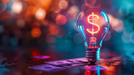 A close-up of a colorful light bulb with a dollar sign symbol, representing innovative fintech solutions - obrazy, fototapety, plakaty