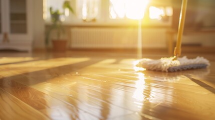Sunshine streaming onto a freshly mopped wooden floor in a cozy room.