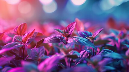 A close-up of colorful plants growing in a controlled environment under laboratory lights, representing advancements in agriculture