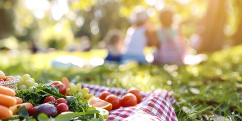 Fresh healthy picnic food spread on a checkered blanket in a sunny park with people.