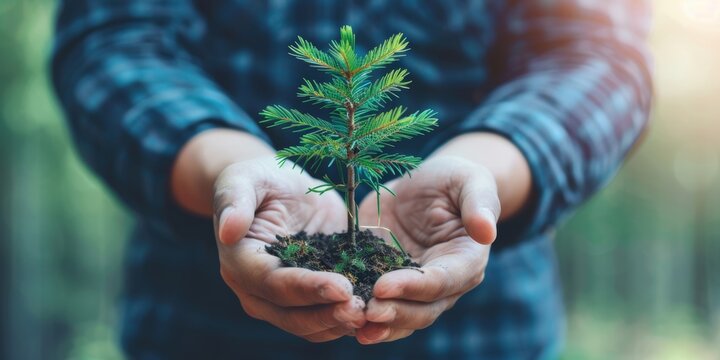 Caring hands cradling a young pine tree seedling with soil. - Powered by Adobe