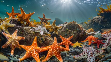 A diverse array of starfish scattered across a rocky seabed, thriving in their natural habitat - obrazy, fototapety, plakaty