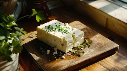 A block of feta cheese garnished with fresh herbs basks in warm sunlight on a rustic wooden cutting board. - obrazy, fototapety, plakaty