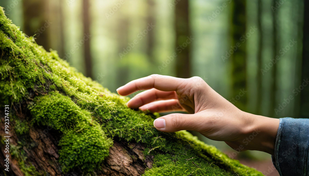 Wall mural hand tenderly caressing moss on ancient tree trunk, evoking deep connection with nature and tranquility