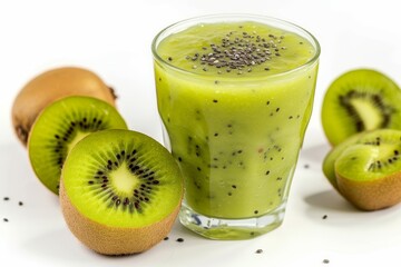 Isolated on a white background a kiwi smoothie is served in a glass