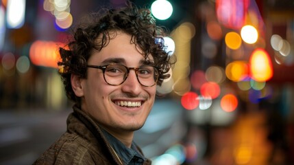 Cheerful curly-haired young man in glasses smiling in an illuminated night cityscape with colorful bokeh lights.