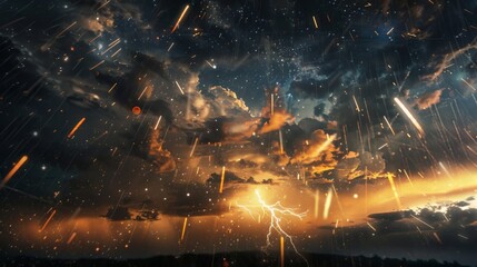 A dramatic sky illuminated by both lightning and shooting stars during rainfall