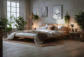 3d render style bedroom Scandi-boho