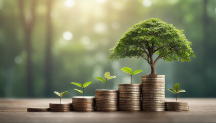 Small tree sprouting from coins symbolizes sustainable growth and ESG investment in organizational development