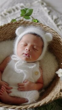 A vertical video of a Taiwanese 8-day-old baby wrapped in a blue wrap taking a newborn photo 青いおくるみに巻かれた台湾人の生後８日の赤ちゃんがニューボーンフォトを撮影されている縦長動画