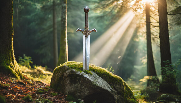 Mystical sword protrudes from stone, reminiscent of Excalibur legend, symbolizing power and destiny