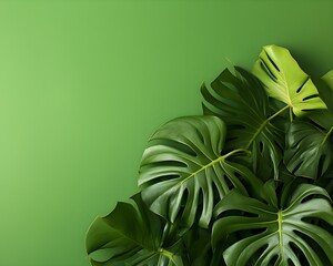 Monstera leaves on a green plain background, photography, realistic photo, 4k, copy space for text banner wallpaper