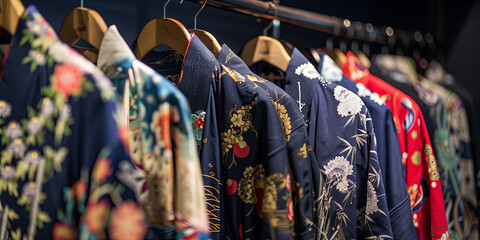 colorful kimonos were displayed on hangers in an antique store, generative AI