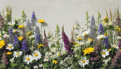 field of lavender,floral arrangement of wildflowers arranged vertically along a wall or neatly arranged on a surface. Natural background. - obrazy, fototapety, plakaty
