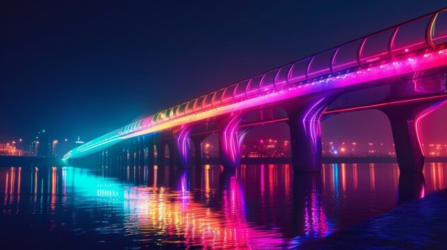 A futuristic pedestrian bridge illuminated with colorful LED lights, creating a dazzling spectacle over the tranquil waters of the river.