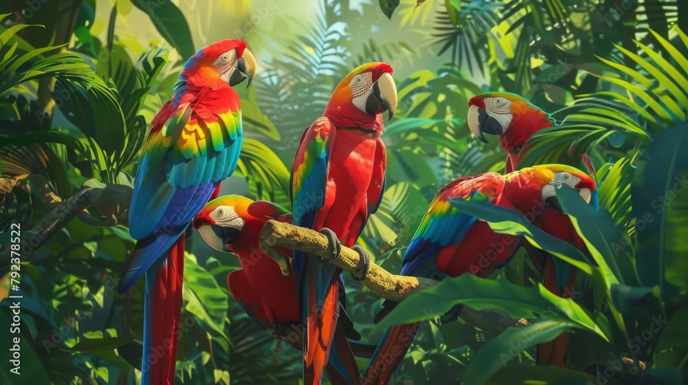 Poster a group of colorful macaws perched in the canopy of a tropical rainforest, their vibrant plumage add