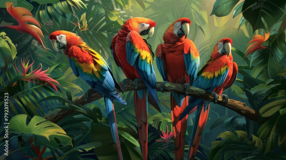 Poster a group of colorful macaws perched in the canopy of a tropical rainforest, their vibrant plumage add