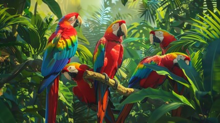 A group of colorful macaws perched in the canopy of a tropical rainforest, their vibrant plumage adding a splash of color to the verdant foliage.