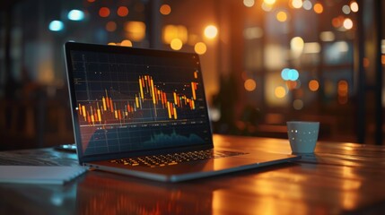 A golden graph glowing on a laptop screen, indicating profitable investment strategies