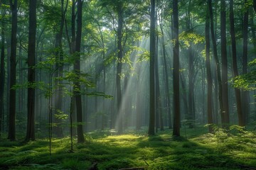 Obraz premium A forest with sunlight shining through the trees.