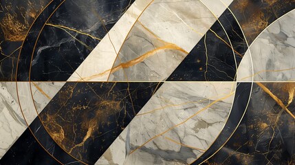 An artistic composition featuring an interplay of geometric lines and circles overlaid on a richly textured marble background.