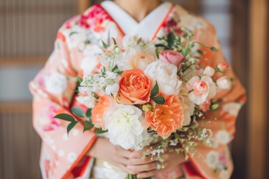 Japanese bride holding flowers