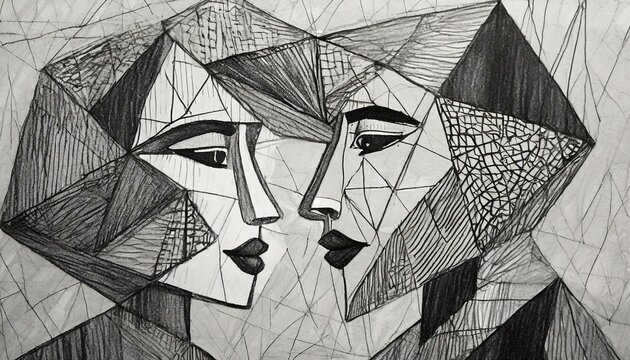portrait of a person,Cubist style collage of two faces cut and glued together. Abstract and artistic geometric art. Black and white image in pencil drawing style. Illustration for poster, cover, broch
