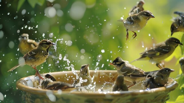 A group of songbirds gathering around a bird bath, splashing and chirping joyfully as they refresh themselves on a hot summer day.