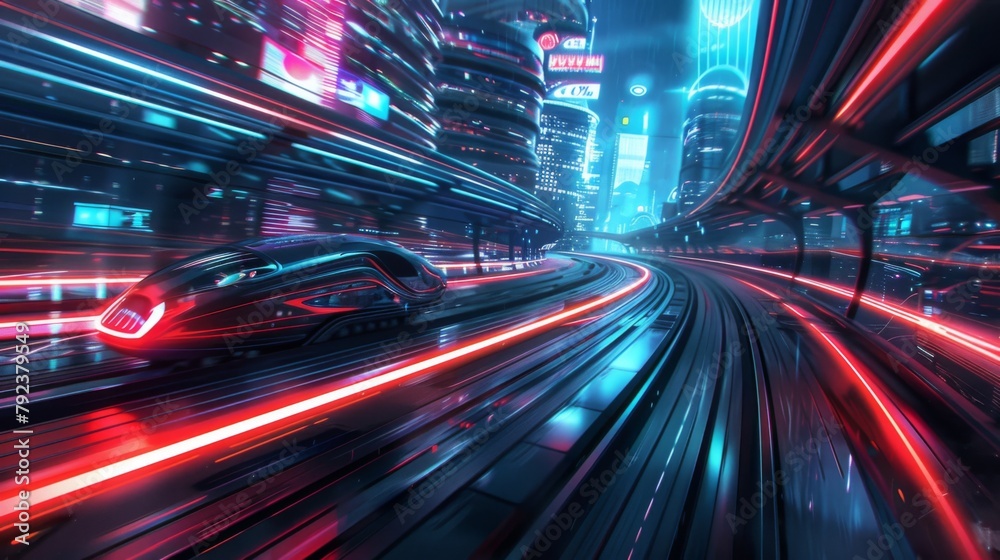 Poster a high-speed train racing through a futuristic cityscape, with sleek architecture and neon lights fl